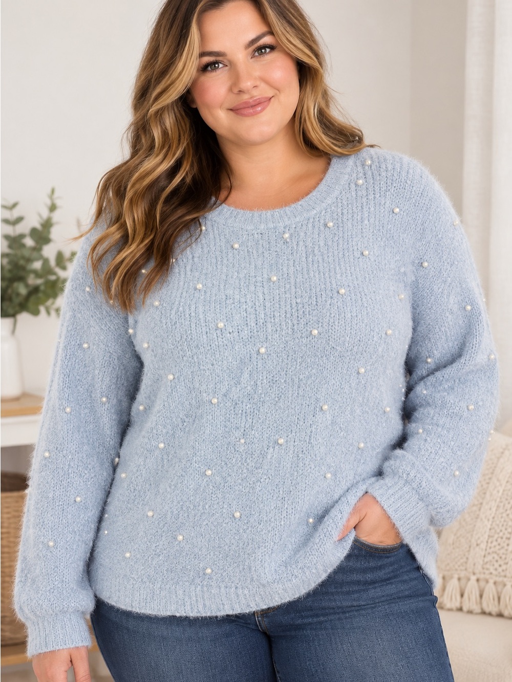 Cozy Pearl-Embellished Kate Middleton Blue Sweater 2X